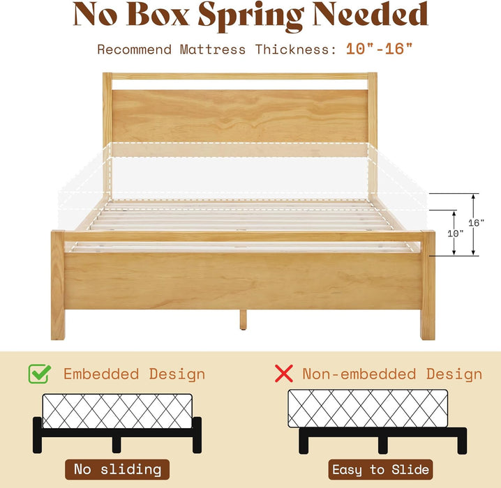 Queen Size Solid Wood Bed Frame with Headboard, Minimalist Platform Bed with Wood Slats Support/No Box Spring Needed/Easy Assembly/Noise-Free, Natural