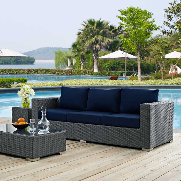 Sojourn Wicker Rattan Outdoor Patio Sunbrella Fabric Sofa in Canvas Navy