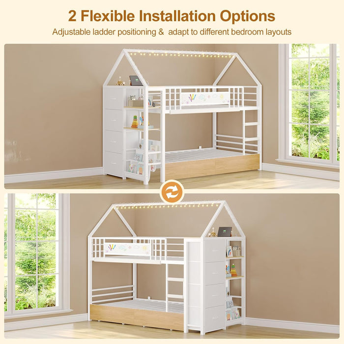 Bunk Bed Twin over Twin with Storage Drawers and Globe String Lights House Shaped Low Bunk Bed with Montessori Bookshelves Metal Bunk Beds for Kids with Ladder and Guardrail,Space Saving,White