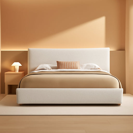 Bettine Boucle Queen Size Bed, Boucle Headboard and Footboard, Rectangular Queen Size Headboard, Slat Panel Support Platform Bed, No Spring Box Needed, Easy Assembly, White