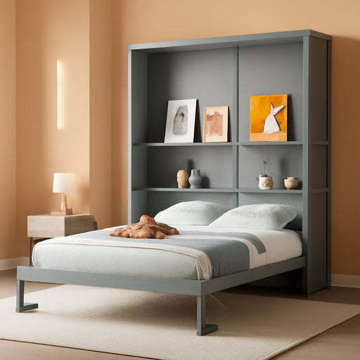 Full Size Murphy Bed Wall Bed with Shelves and Mattress Holder,Wood Hideaway Cabinet Chest W/Slat Support,Can Be Folded,For Small Room,Dorms,Gray