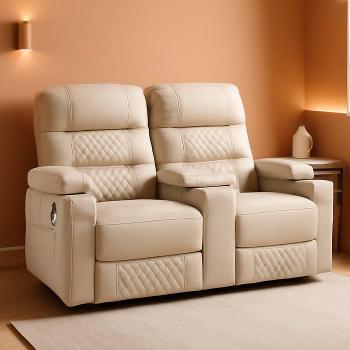 Power Loveseat Recliner with Console, Electric Reclining Loveseat with Heat and Vibration, Cup Holder, USB Charge Port, Faux Leather Recliner Sofa Pr622Sets (Light Grey, Loveseat with Console)