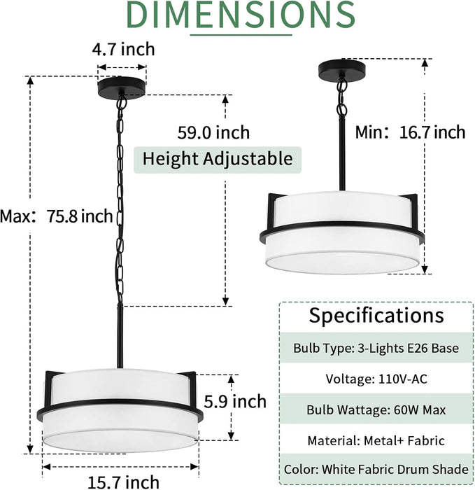 PureWhite Linen Drum Pendant Chandelier 15.7Inch Wide