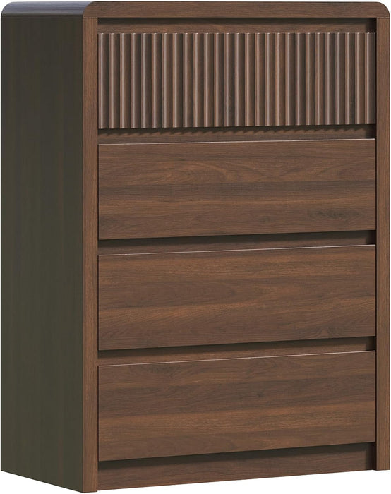 Fluted 4 Drawer Dresser for Bedroom, 40” Tall Modern Dresser & Chest of Drawers with Curved Profile Design, Wood Mid Century Dressers for Bedroom, Living Room, Walnut