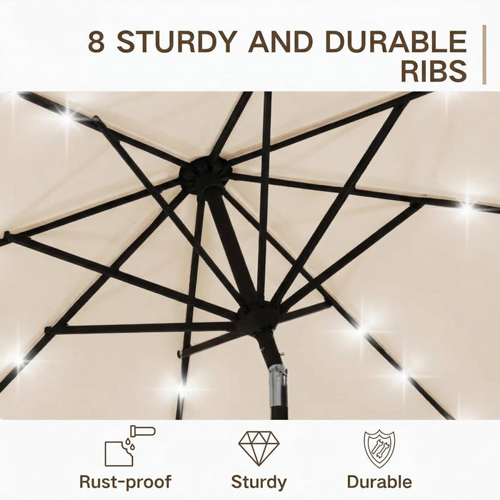 9FT Outdoor Patio Umbrella with Solar Lights, Market Table Umbrella with Push Button Tilt & Crank, 8 Sturdy Ribs, 32 LED Lights, UV Protection for Garden Lawn Deck Backyard Pool (Beige)