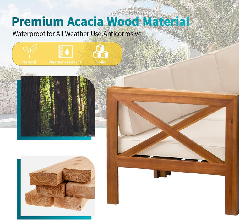 5-Piece Acacia Wood Outdoor Sofa Set Patio Bistro Set Furniture Outdoor Chat Conversation Table Chair Set with Water Resistant Cushions and Coffee Table for Beach Backyard Garden