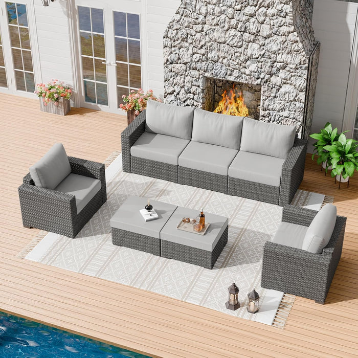 Outdoor Patio Furniture Set, 5 Piece 5 Seats Comfortable Wicker Rattan Outdoor Furniture Set with Ottoman,Deep Seat & 4.72'' Thick Cushion Patio Conversation Set for Porch,Deck,Backyard,Grey