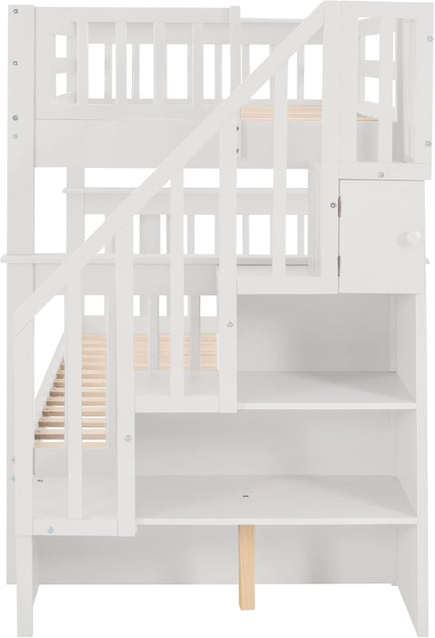 Twin over Twin Bunk Bed with Stairs and Trundle, Solid Wood Stairway Bunk Bed Frame with Storage, for Kids Teens Adults – White