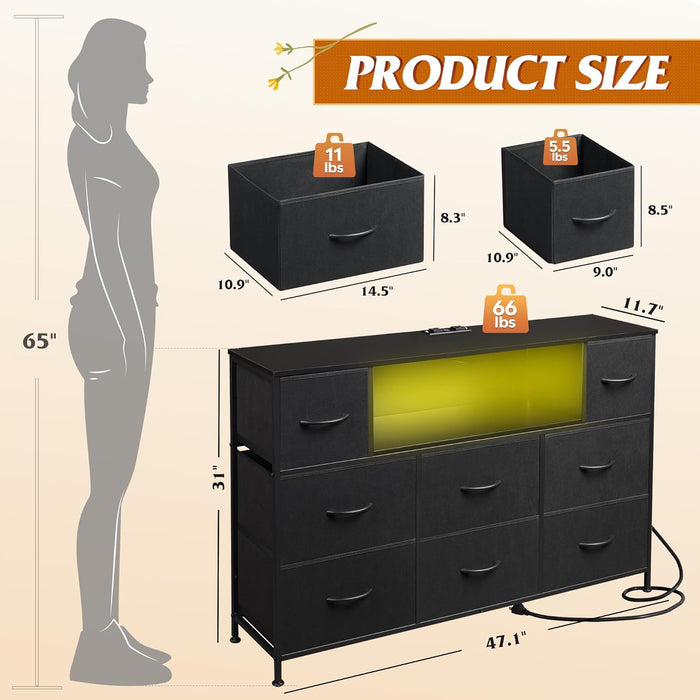 Black Dresser for Bedroom, TV Stand for Bedroom for 55 Inch TV with Charging Station and LED Lights, Fabric Chest of Drawers with Open Shelves, 8 Drawers Dressers for Living Room, Closet