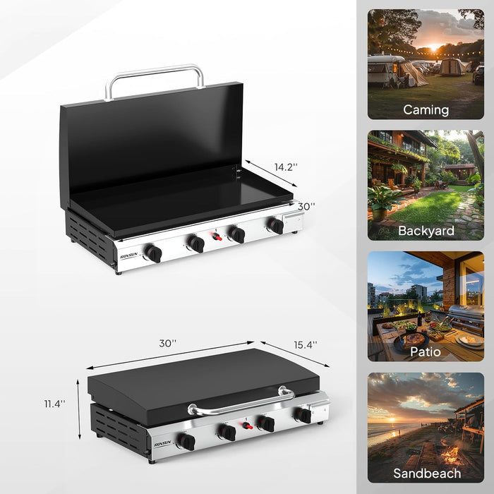 4 Burner Portable Propane Griddle with Enameled Tray & Lid, 40,000 BTU Tabletop Flat Top Gas Grill with Electronic Ignition & Regulator for Outdoor Cooking Camping BBQ Tailgating