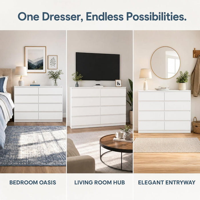 White 8 Drawer Dresser for Bedroom,Modern Deep Drawer Dresser,Wide Storage Chest of Drawer for Closet,Wood Storage Organizer Furniture for Living Room