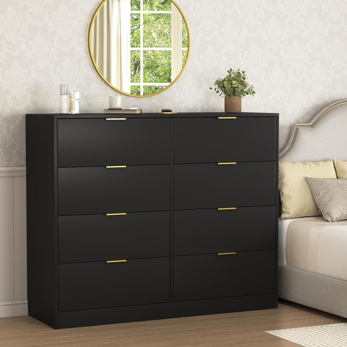 Black Dresser for Bedroom, 8 Drawer Dresser with Deep Drawer, Tall Modern Chest of Drawers with Golden Handle, Large Storage Organizer Bedroom Furniture, TV Stand for Living Room, Hallway, Entryway