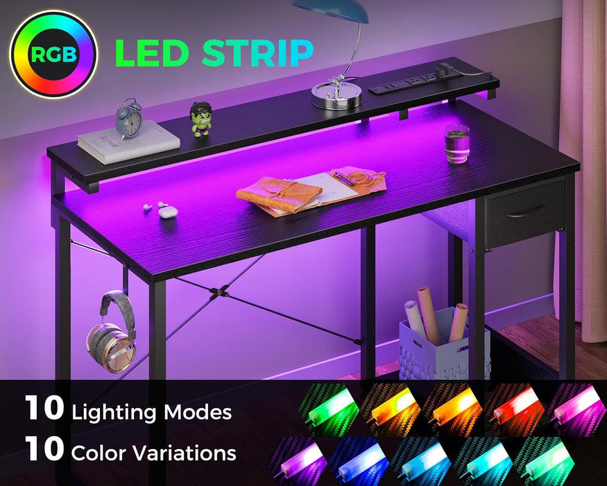 Gaming Desk with LED Lights & Power Outlet, 40 Inch Computer Desk with Drawer, Reversible Desk with Adjustable Monitor Shelf & Headphone Hook for Home Office, Black