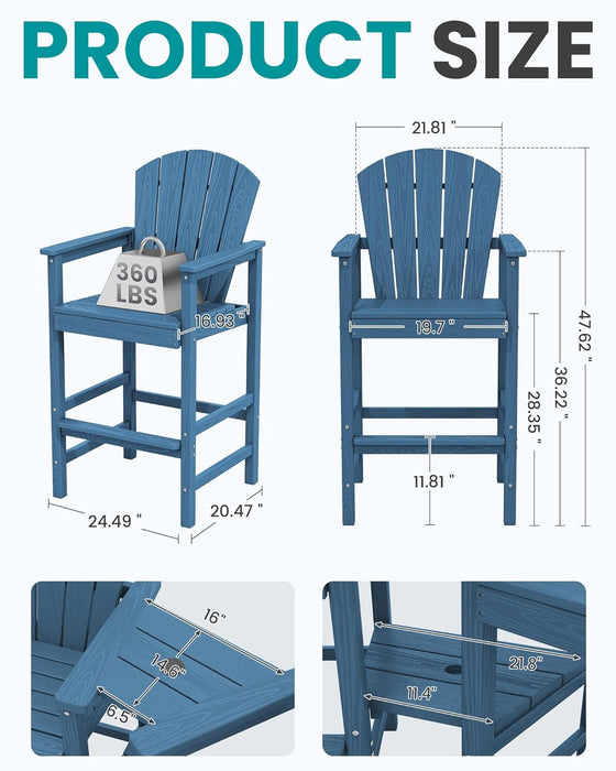 Tall Adirondack Chairs Set of 2 with Double Layer Connecting Tray, HDPE Bar Height Outdoor Chairs, Wood-Like Adirondack Bar Stools for Patio, Balcony, Porch, Blue