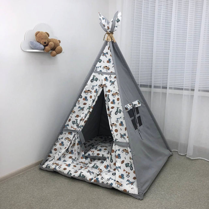 Gray Teepee with Toys Boys Playhouse