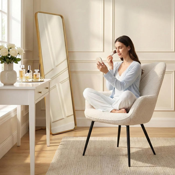 Beige Sherpa Upholstered Accent Chair Curved Backrest
