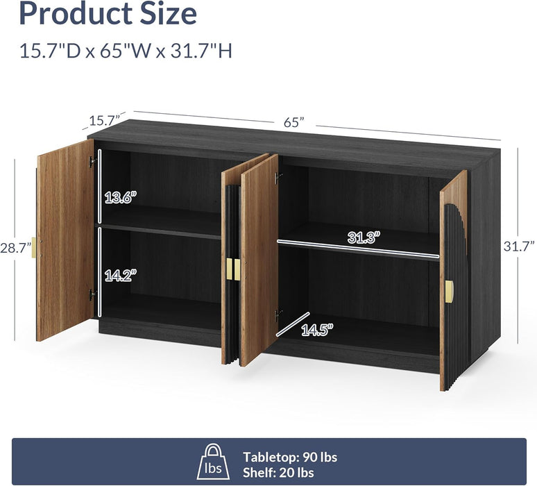 65 Inch Fluted Buffet Cabinet with Storage, Symmetrical Arc Accent Sideboard Large Console Table for Dining Room, Kitchen, and Living Room (Camel)