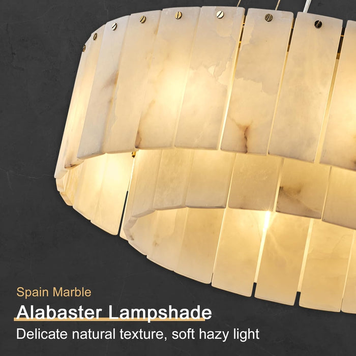 D23In Alabaster round Chandelier, Modern Marble Dining Room Chandeliers, 2 Tiers Brass Drum Pendant Light Fixtures, Gold Ceiling Light Chandelier for Living Room, Bedroom Lights, Foyer, Kitchen