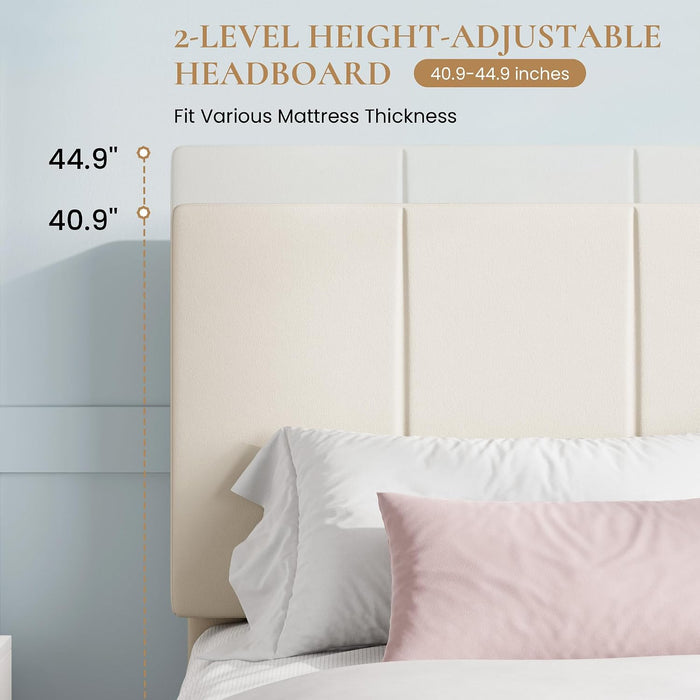 Queen Size Bed Frame, Velvet Upholstered Platform Bed, Cream