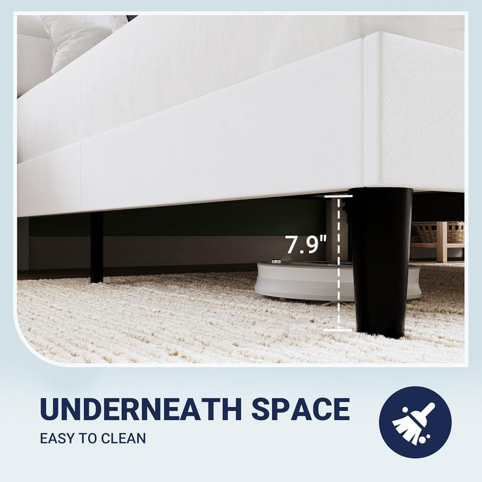 Full Size Platform Bed Frame with Charging Station & Storage Headboard, Upholstered Velvet Wingback Design & USB Port, Strong Wooden Slats Support, No Box Spring Needed, Easy Assembly, White