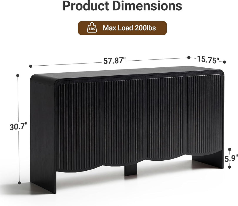 Fluted Sideboard Buffet Cabinet with Storage,58" Modern Sideboard Cabinet with Curved Design & Adjustable Shelves,Wood Console Table for Living Room,Entryway,Kitchen,Black