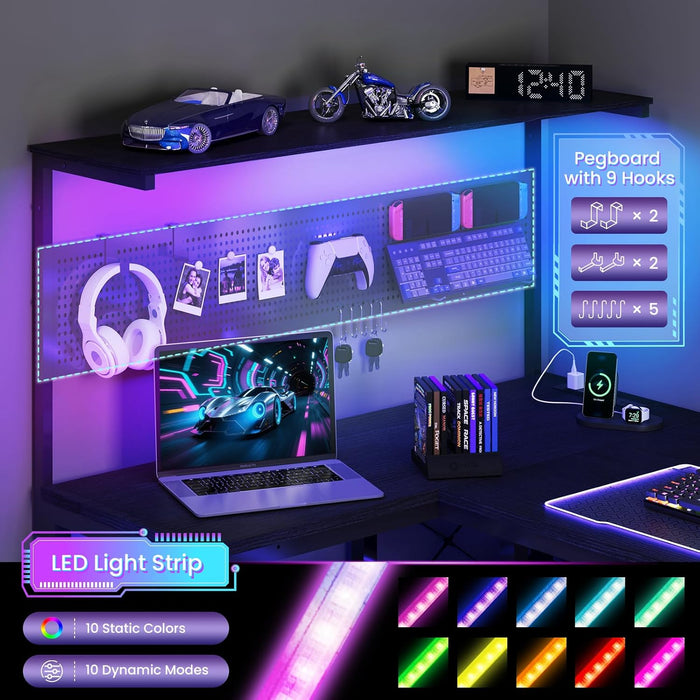 L Shaped Desk Gaming Desk with LED Light & Power Outlet, 55 Inch Reversible Computer Desk with Pegboard & Shelf & Storage Bag for Home Office, Black