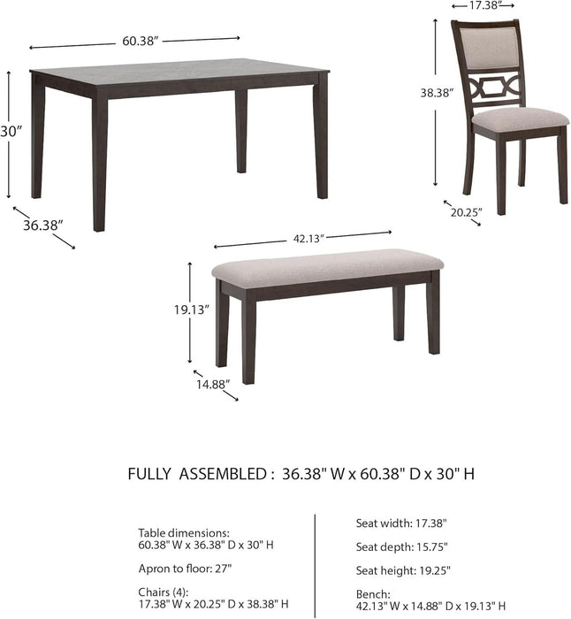 Langwest Dining Room Table Set, 4 Upholstered Chairs and Bench, Seats 6, Cushioned Seats, Wood, Cherry Brown