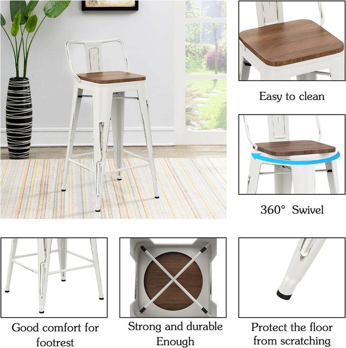 24" Swivel Metal Barstools Set of 4, Counter Height Bar Stools Industrial Bar Chairs with Modern Wooden Top-Low Back, Distressed White