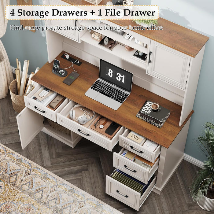 67" H Farmhouse Executive Desk with Hutch.Wood Workstation with 5 Drawers,Storage Cabinet,File Drawers and Charging Station, Ideal as Office Desk,Computer Desk for Home Office, Study(White