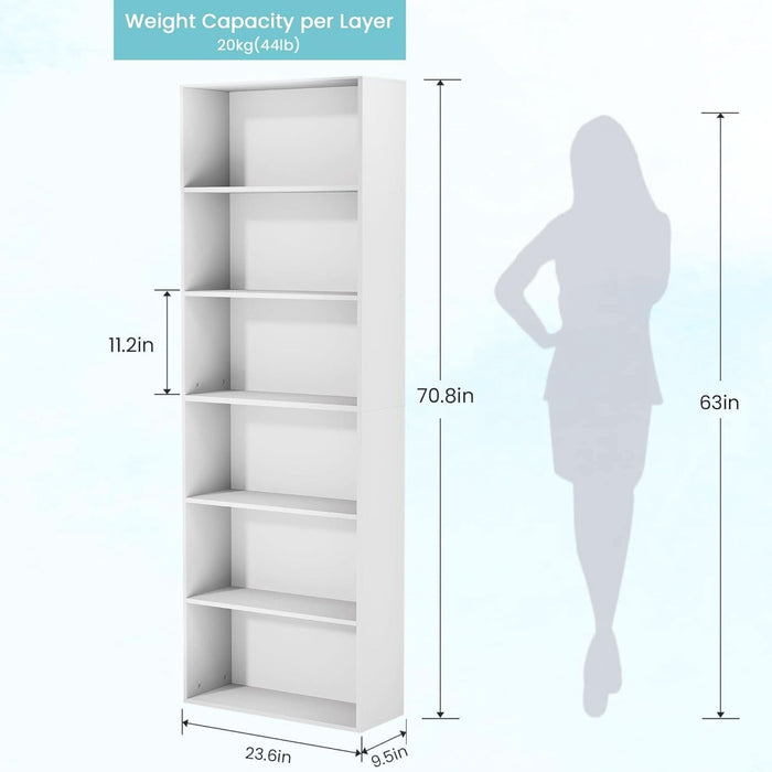 71" Tall 6-Tier Bookshelf, Large Open Display Bookcase with Ample Storage, Floor Standing Book Shelf for Living Room, Home Office, Bed Room, White