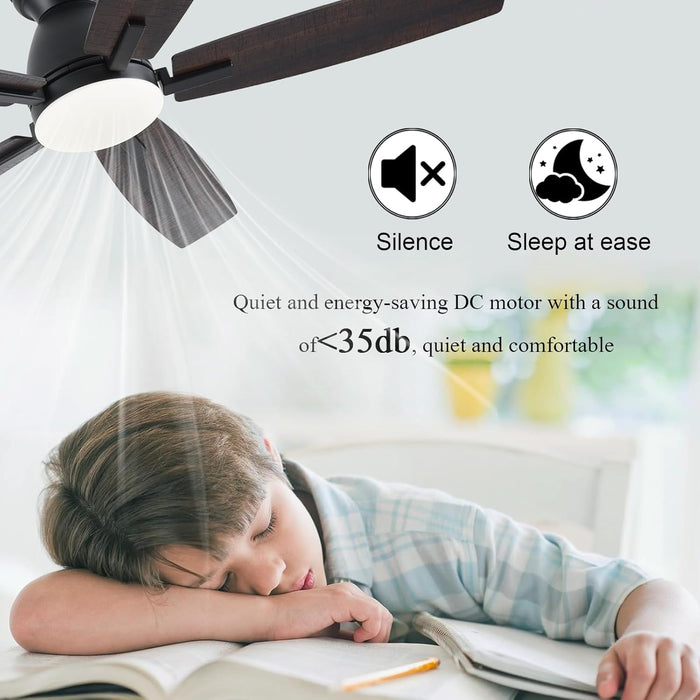 52 Inch Brown Modern Ceiling Fans with Lights, Low Profile Ceiling Fan with Remote/App Control, DC Reversible Motor, Dimmable LED Ceiling Fans for Bedroom,Indoor/Outdoor