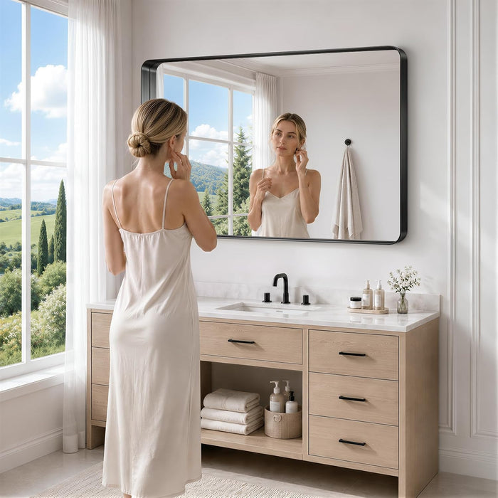 30X40 Inch Black Bathroom Mirror Metal Framed, HD Tempered Glass