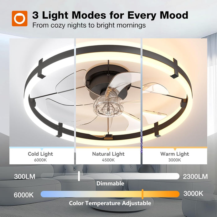 24'' Ceiling Fans with Lights and Remote, Low Profile Flush Mount Ceiling Fan with Light, 3000-6000K Dimmable LED Fandelier, Modern Small Black Ceiling Fan for Bedroom, Kitchen, Living Room