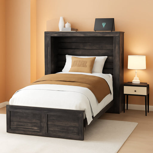 Twin Murphy Bed with Built-In Charging Station and Storage Drawer, Farmhouse Foldable Cabinet Bed for Guest Room, Apartment or Home Office, Black Oak