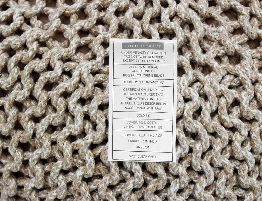 round Pouf - Hand Knitted Tweed Cable Dori Pouf - Cotton Braid Cord Foot Stool Footrest Ottoman Accent Seat Furniture Bean Bag - Family Room Kids Nursery Dorm - 20X14 - Natural