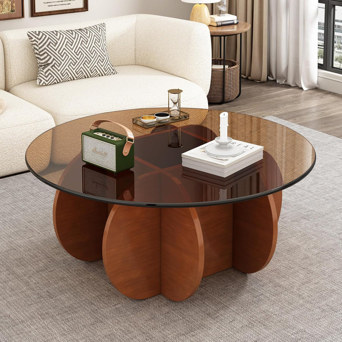 31.5'' round Glass Coffee Table, Mid Century Modern Cocktail Table with Tempered Glass Top, Sturdy Wood-Inspired Base for Living Room, Small Spaces, Home Office – Easy Assembly (Brown + Brown)