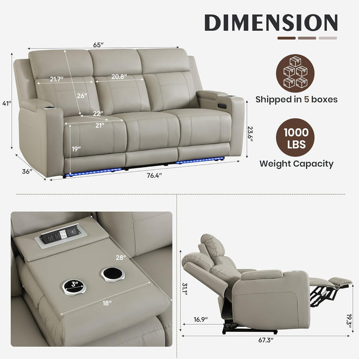 Dual Motor Power Reclining Sofa, Breathable Leather Reclining Couch with Power Headrest/Led Light/Armrest Storage, Recliner Sofa 3 Seater for Living Room (Grey, 3 Seater)