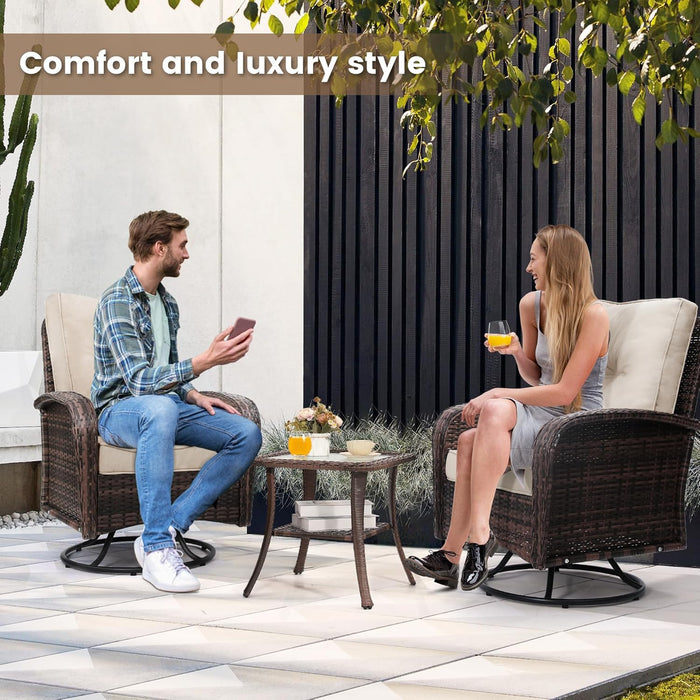 2 Luxury Outdoor Swivel Wicker Glider Patio Chairs with Table Set, Overstuffed Washable Cushions, Ideal for Porch, Balcony, Deck, Brown Rattan and Beige Cushions