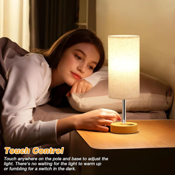 Touch Bedside Table Lamp with USB - 3 Way Dimmable Wood Lamp for Bedroom Nightstand, Desk Lamp with Charging Station for Dorm, Living Room, Office, Kids Room, Small, 14In