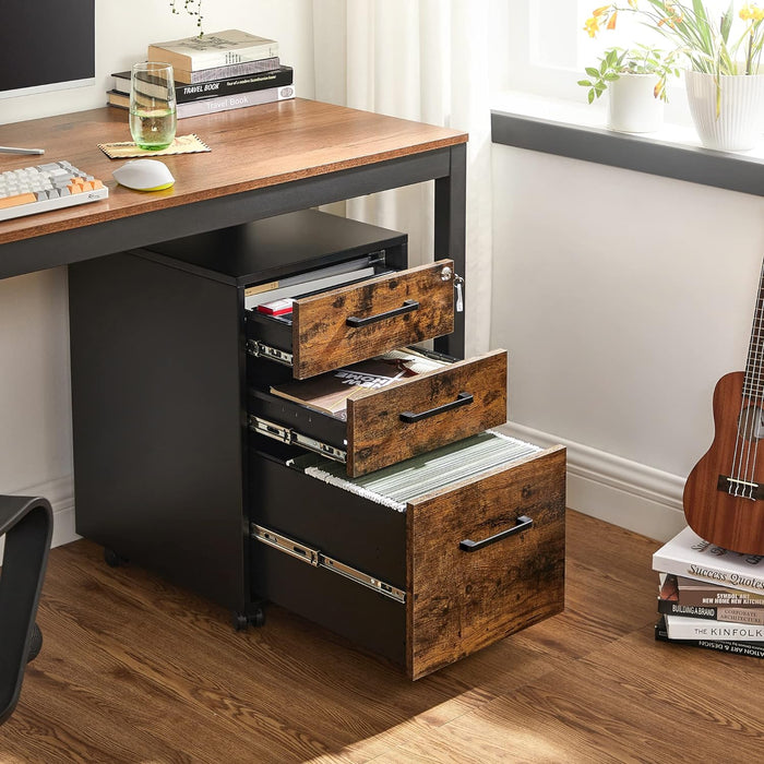 Office Filing Cabinet with Lock, Rustic Brown and Black