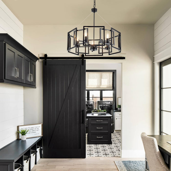 Industrial Style Chandelier, with Matt Black Finish Geometric Shade Pendant Lighting Fixture for Dining Room Living Room Kitchen Island Bedroom 5-Light