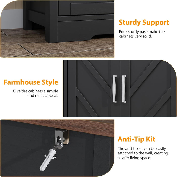 Sideboard Buffet Cabinet with Storage & Shelves, Farmhouse Kitchen Storage Cabinet Wood Coffee Bar Sideboard Cabinet with 4 Doors for Kitchen, Living Room, Entryway, 47" W Black