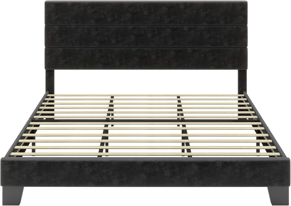 King Platform Bed Frame with Velvet Upholstered Headboard, Mattress Foundation with Strong Wooden Slats Support, No Box Spring Needed, Black