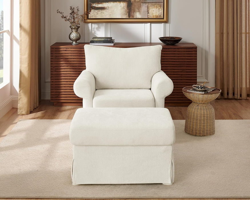 Modern Accent Chairs with Ottoman Set, Comfy Chenille Reading Armchair with Rolled Arms and Cushion Backrest, 35.8" W Single Living Room Chairs for Bedroom, Study, Apartment, Beige