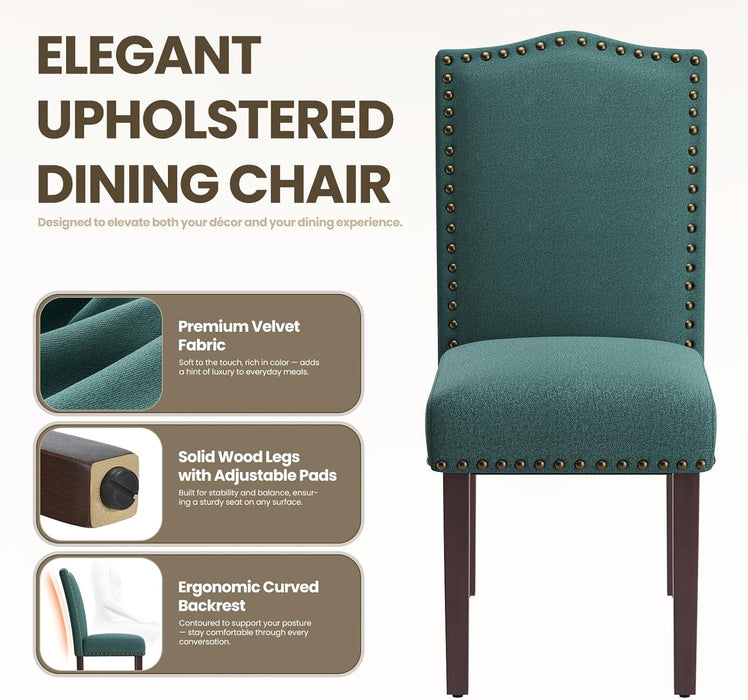 Dining Chairs Set of 4, Soft Comfortable Upholstered Parsons Dining Chairs with High-Density Cushion & Solid Wood Legs, Elegant Nailhead Trim for Dining Room, Kitchen, Living Room – Green