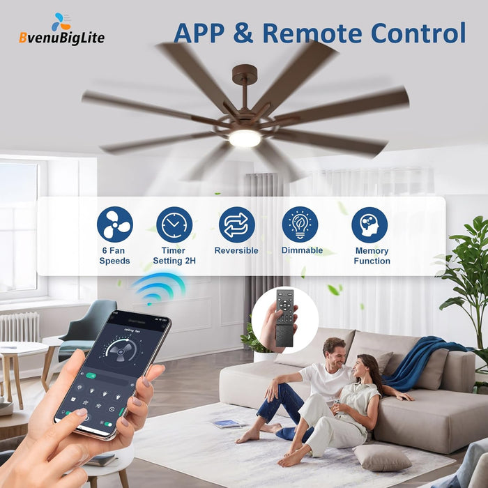Large Ceiling Fans with Lights: Modern 72 Inch 8 Blade Outdoor Ceiling Fan with Remote APP Control - Dimmable Brown Big Fan Light Indoor Reversible 6 Speed Quiet DC Motor