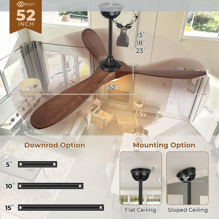 52" Ceiling Fans with Lights and Remote Control, Outdoor Ceiling Fan with Lights High CFM Quiet 3 Blade Wood Walnut Fan, Propeller Ceiling Fan for Outdoor/Indoor,Deep Walnut