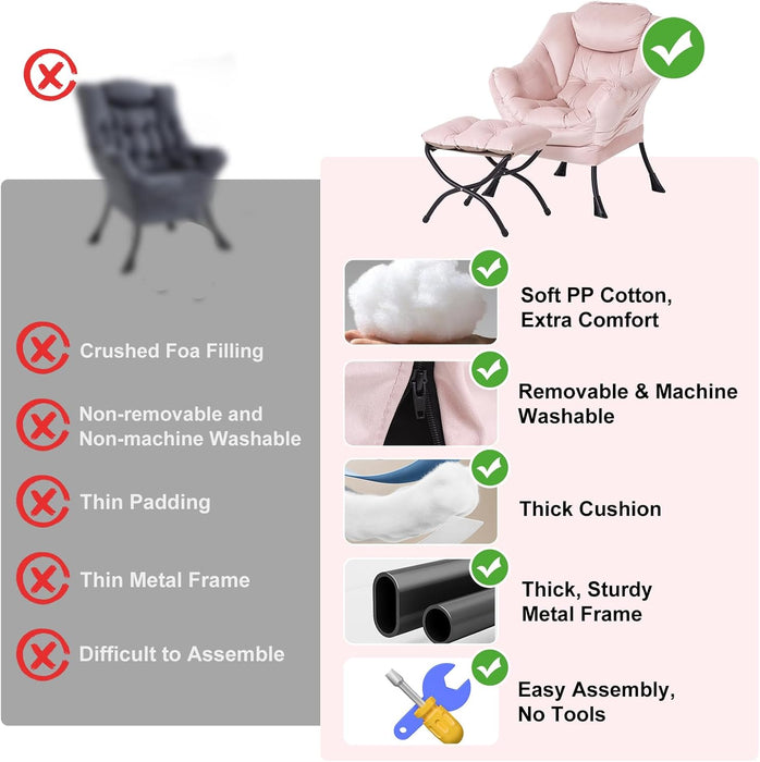 Lazy Chair with Ottoman, Modern Chair with Folding Footrest, Lounge Accent Chair, Comfortable Reading Chair, Oversized Armchairs for Bedroom, Study, Living Room, Courtyard (Pink)