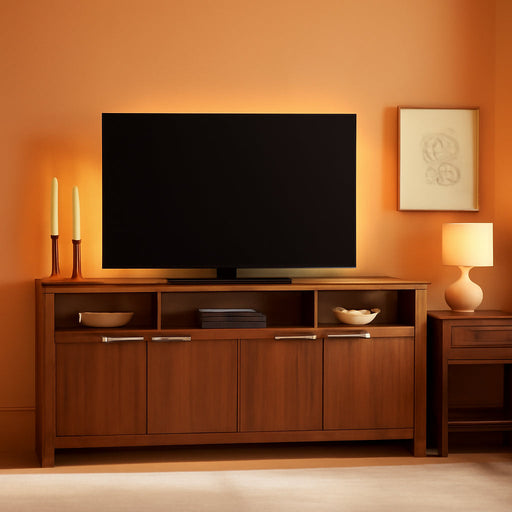 Isla Modern Solid Wood TV Stand with Tempered Glass Top and Shadow Box Shelf, 58 Inch, Walnut