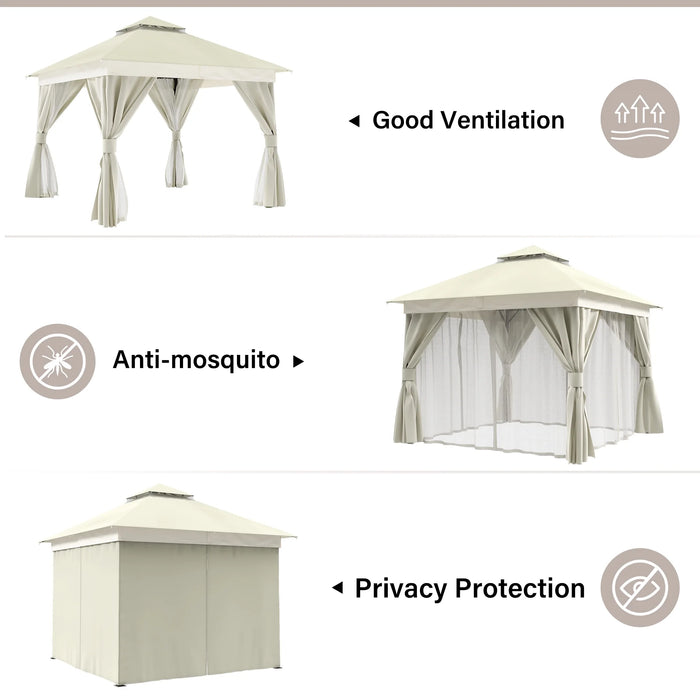 10'X10' Patio Gazebo, Double Roof Outdoor Shelter Tent with Mosquito Nettings and Privacy Screens, Cream White